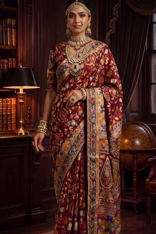 Maroon Banarasi Silk Saree Floral Zari Weaving and Designer Border