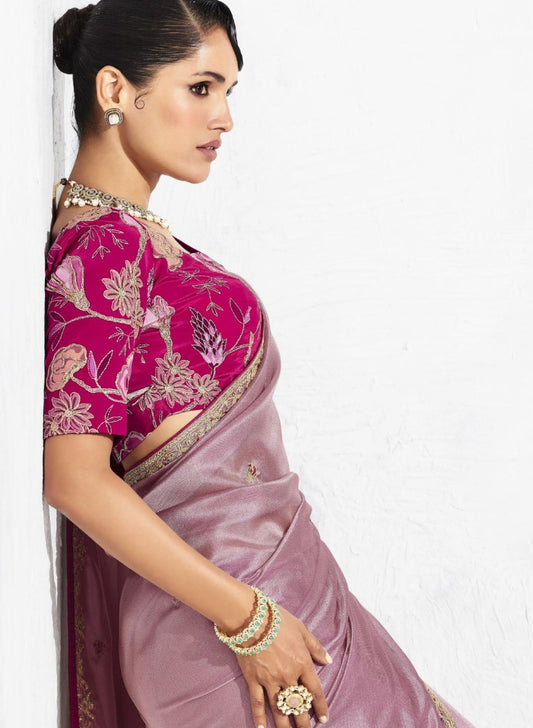 Elegant Mauve Silk Saree with Golden Pink Blouse Party Wear