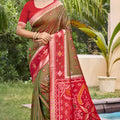 Olive Green Red Silk Blend Saree with Traditional Woven Border