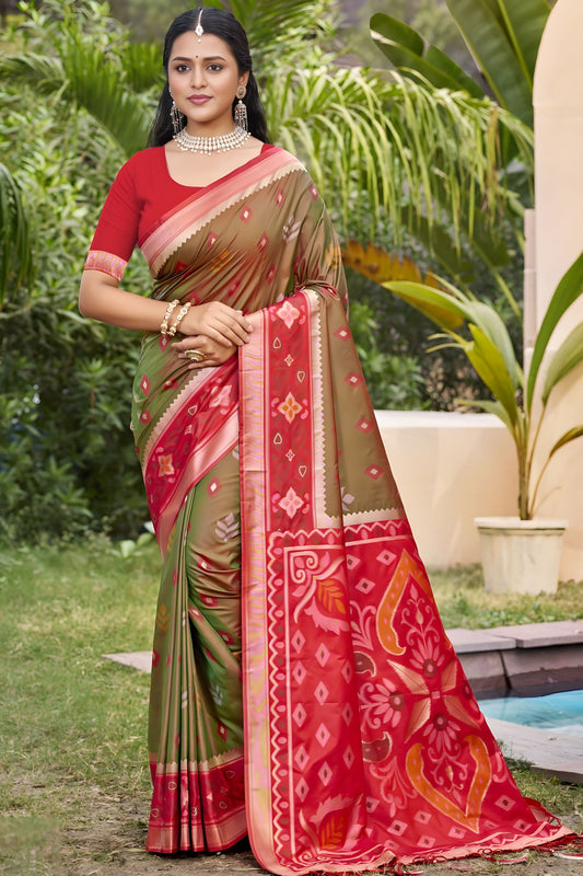 Olive Green Red Silk Blend Saree with Traditional Woven Border