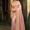 Designer Peach Pink Silk Saree with Intricate Embroidery Wedding Wear