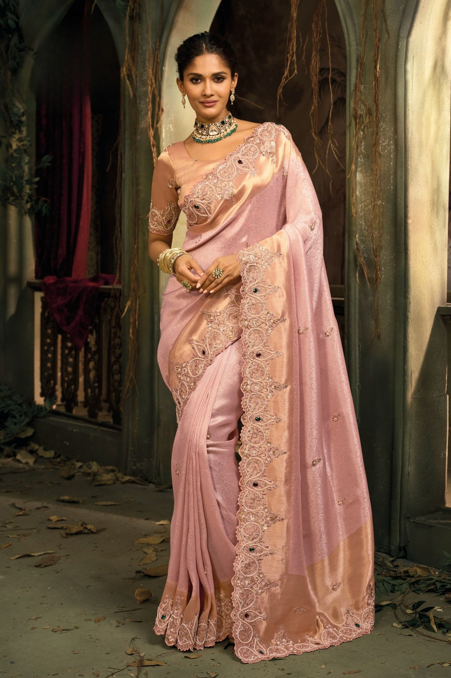 Designer Peach Pink Silk Saree with Intricate Embroidery Wedding Wear