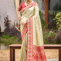 Beige Silk Saree Red Pink Banarasi Border Traditional Saree 