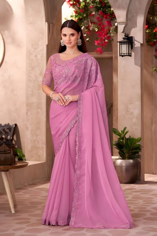 Dusty Pink Georgette Saree Embroidered Border Designer Blouse