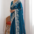  Teal Blue Georgette Saree Heavy Floral Embroidery Designer Blouse