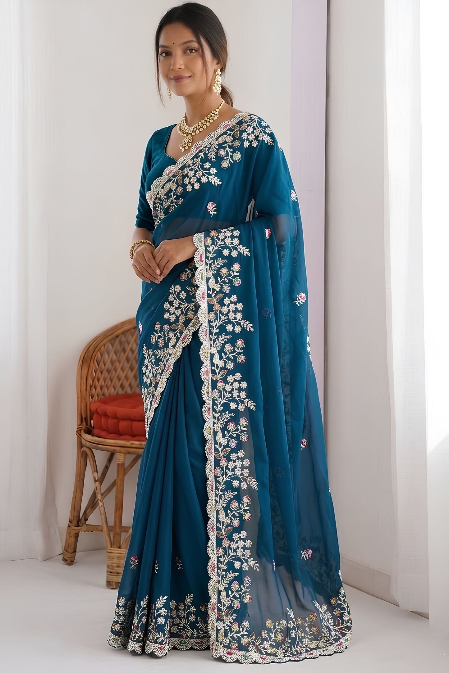  Teal Blue Georgette Saree Heavy Floral Embroidery Designer Blouse