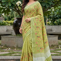  Pistachio Green Linen Cotton Saree Floral Paisley Embroidery Tassel Pallu 
