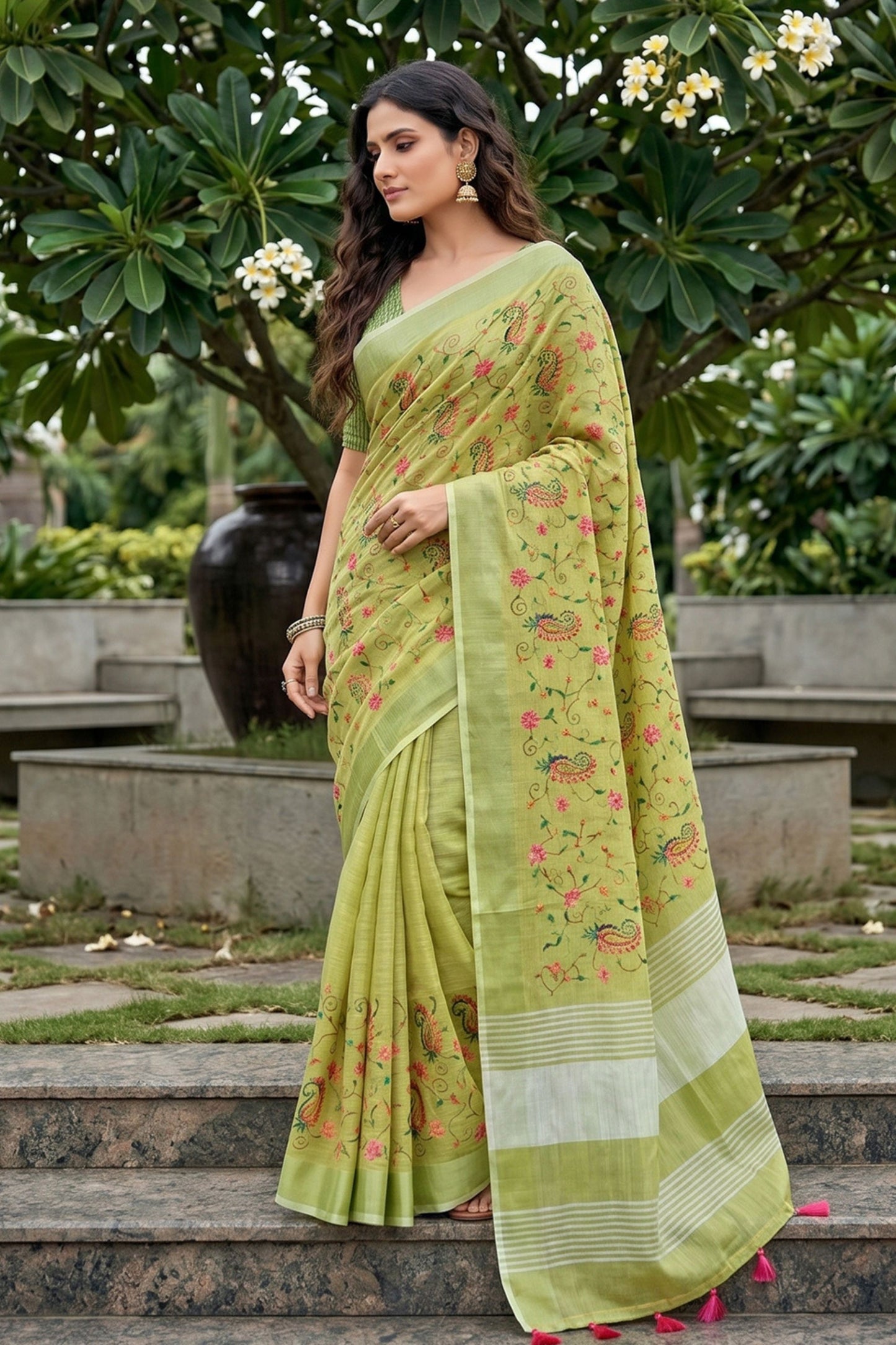  Pistachio Green Linen Cotton Saree Floral Paisley Embroidery Tassel Pallu 