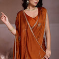 Rust Brown Embroidered Chiffon Saree with Zari Work Party Wear