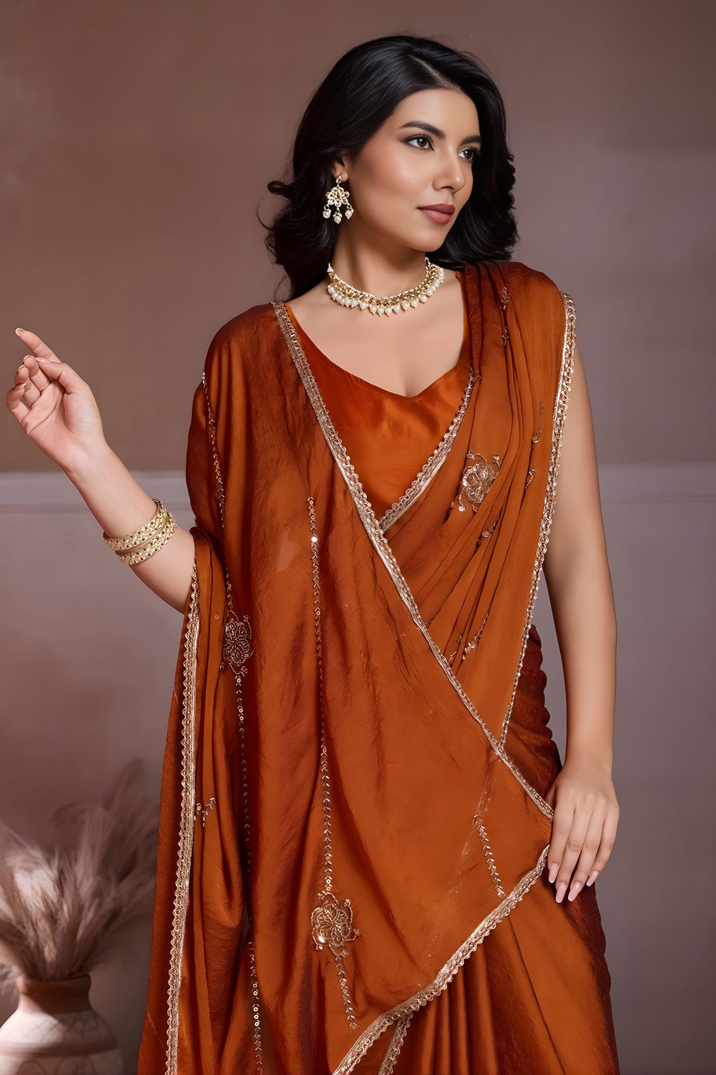 Rust Brown Embroidered Chiffon Saree with Zari Work Party Wear