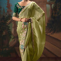 Pista Green Designer Saree with Floral Border Contrast Blouse 