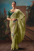 Pista Green Designer Saree with Floral Border Contrast Blouse 