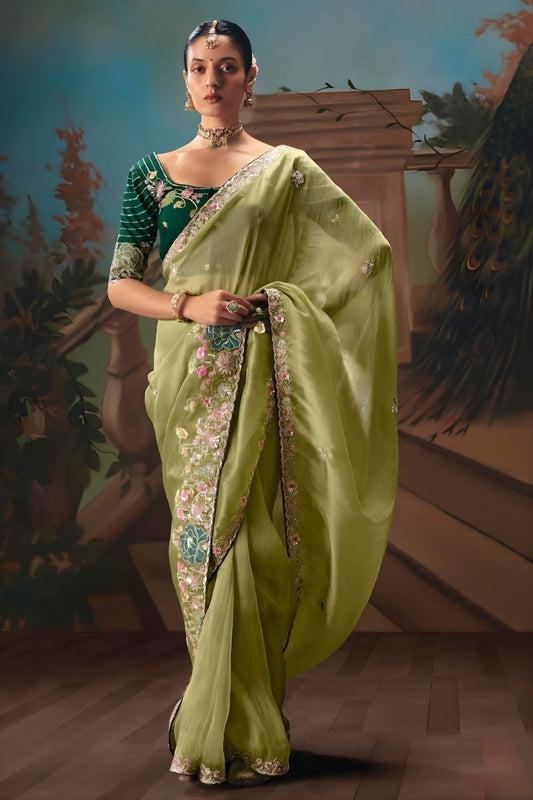 Pista Green Designer Saree with Floral Border Contrast Blouse 