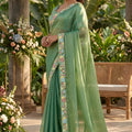 Sea Green Organza Silk Saree Floral Embroidered Border Designer Blouse