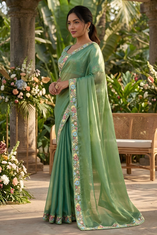 Sea Green Organza Silk Saree Floral Embroidered Border Designer Blouse