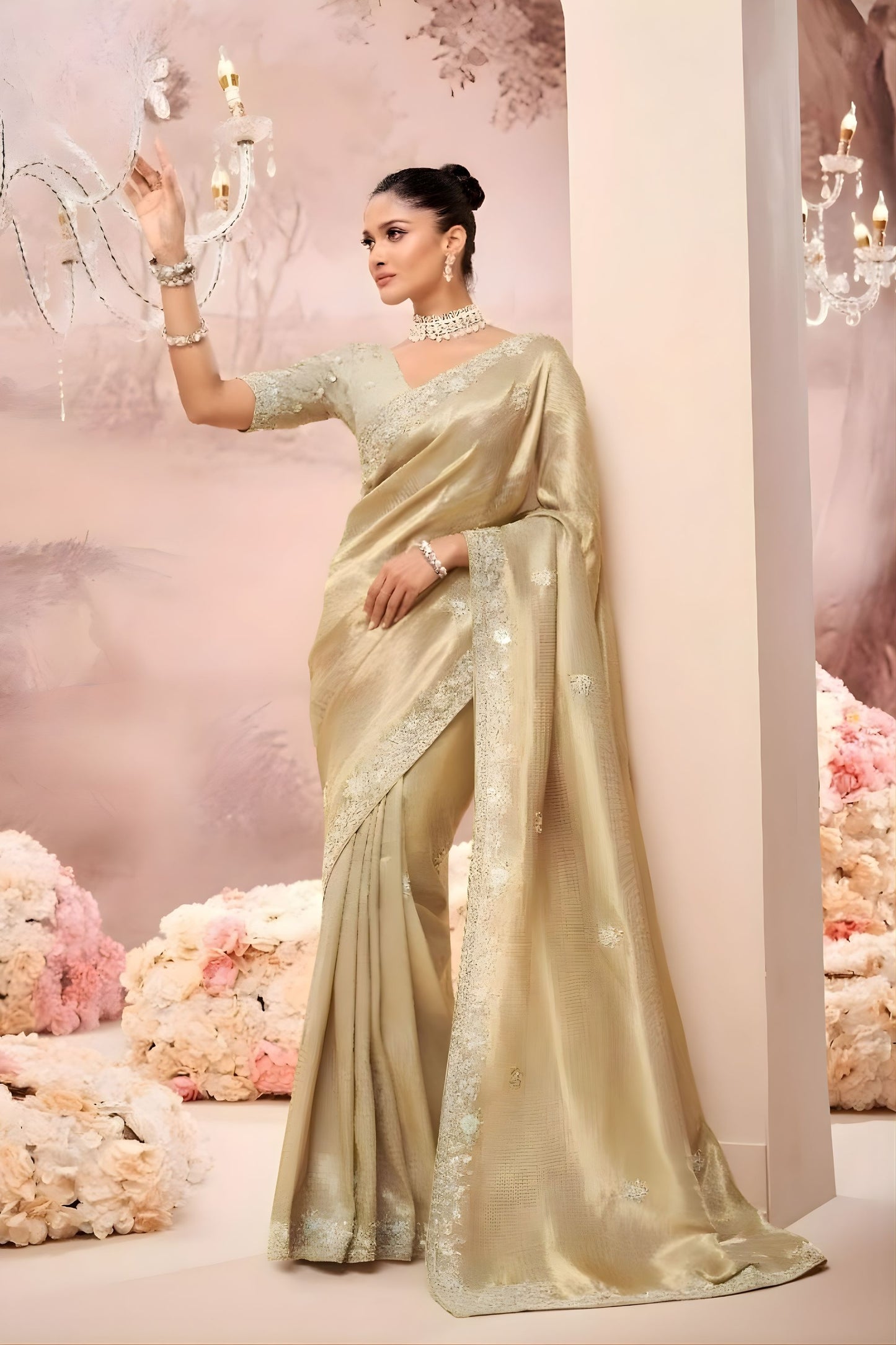 Champagne Gold Silk Saree with Shimmering Embroidered Border