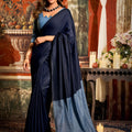 Navy Blue Dual Tone Silk Saree Contrast Grey Pallu Minimal Design