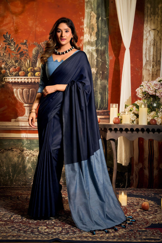 Navy Blue Dual Tone Silk Saree Contrast Grey Pallu Minimal Design