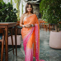 Orange Pink Ombre Sequins Saree Pink Border Designer Party Wear