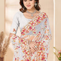 Designer Grey Net Floral Embroidered Saree Heavy Scalloped Border Blouse