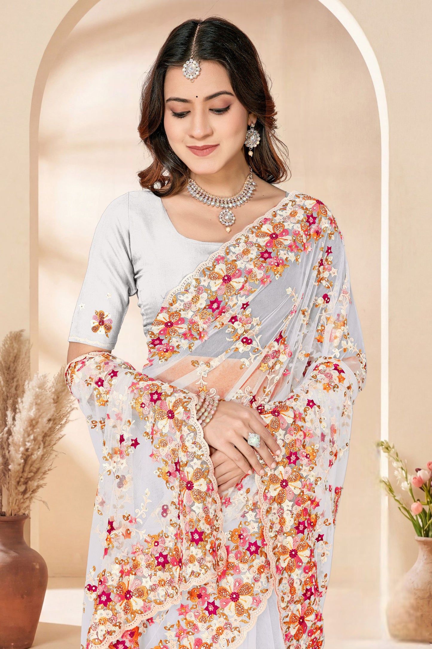Designer Grey Net Floral Embroidered Saree Heavy Scalloped Border Blouse