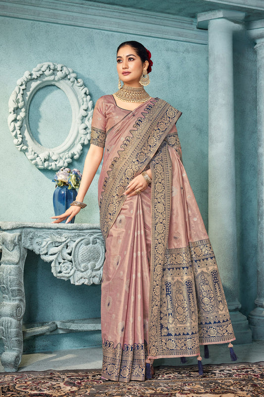 Dusty Pink Banarasi Silk Saree with Rich Traditional Border