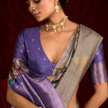 Grey Silk Banarasi Saree with Purple Contrast Border