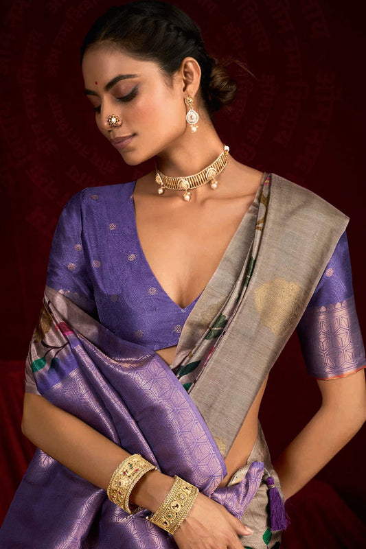 Grey Silk Banarasi Saree with Purple Contrast Border