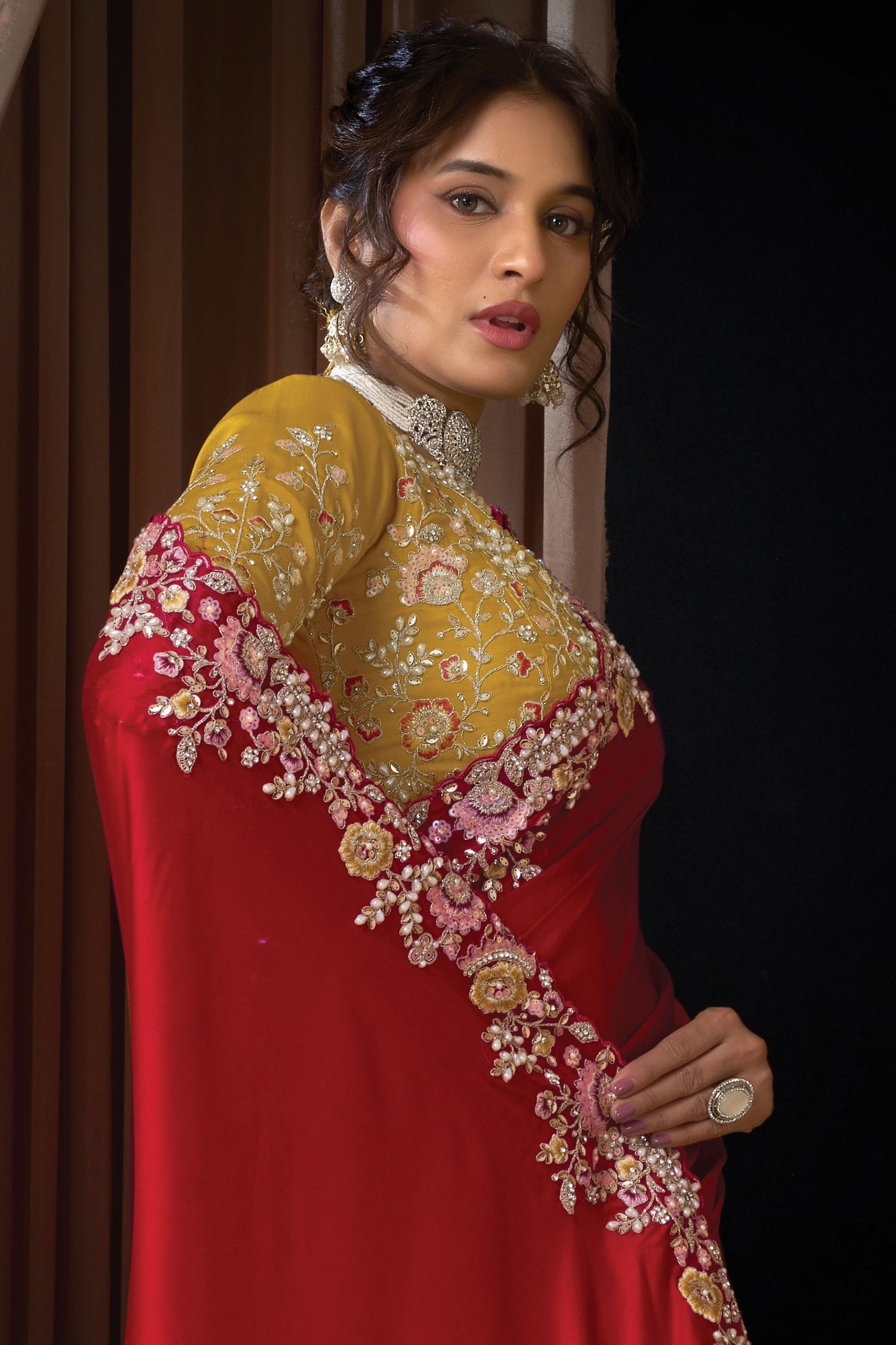 Luxury Red Designer Saree with Heavy Embroidery Stone Work