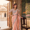 Peach Embroidered Saree Designer Multicolor Border and Blouse