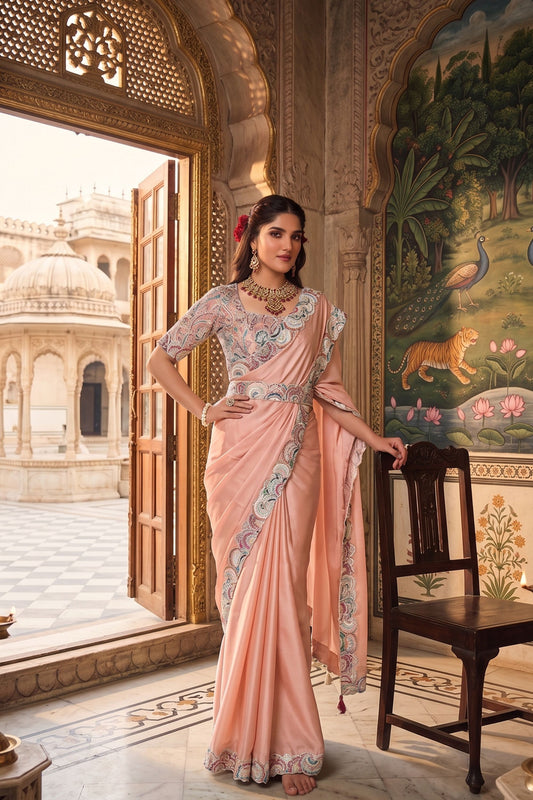 Peach Embroidered Saree Designer Multicolor Border and Blouse