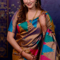 Golden Beige Soft Silk Saree with Multicolor Temple Border Design