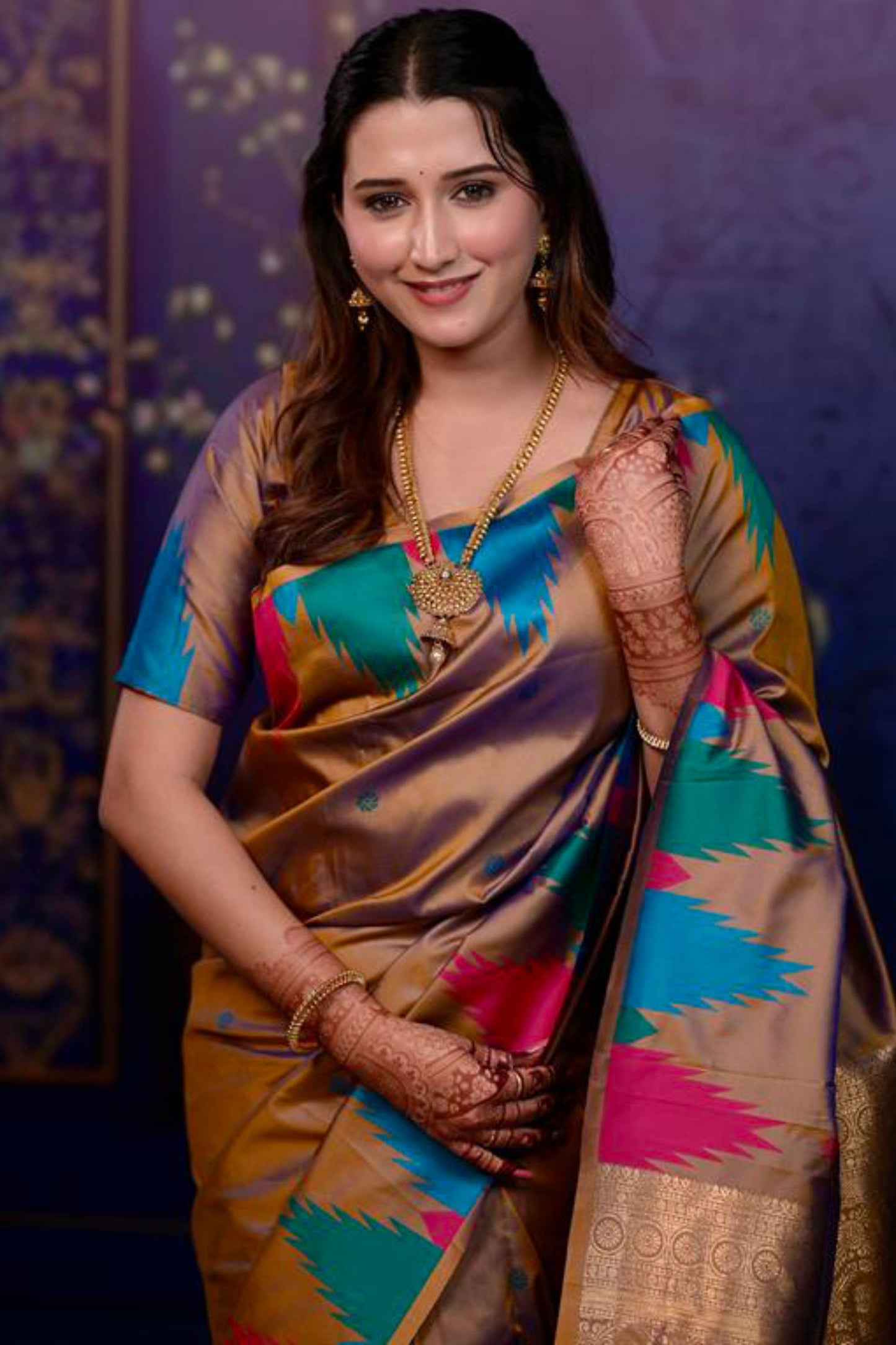 Golden Beige Soft Silk Saree with Multicolor Temple Border Design