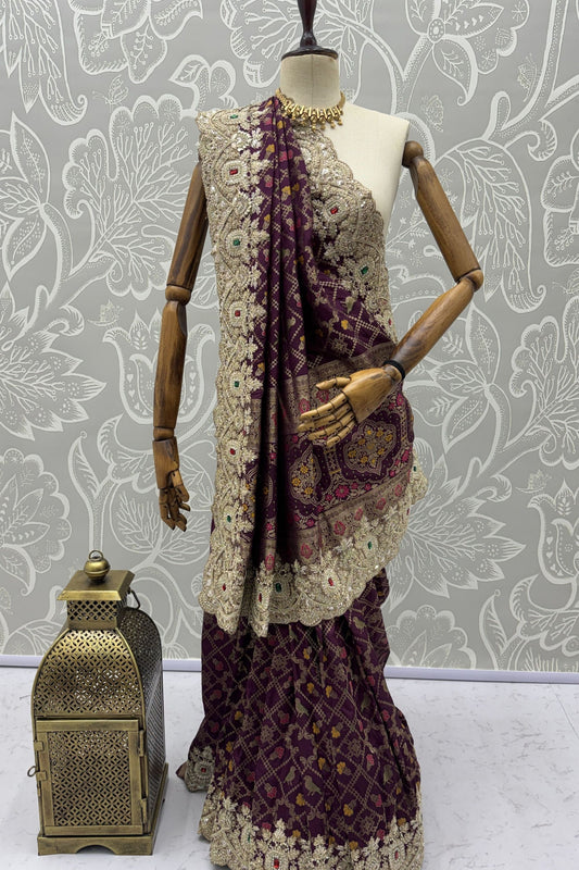 Wine Purple Banarasi Silk Saree Heavy Zari Embroidery Rich Designer Border