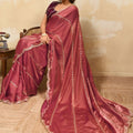 Rose Pink Silk Blend Saree Golden Zari Embroidery Designer Blouse