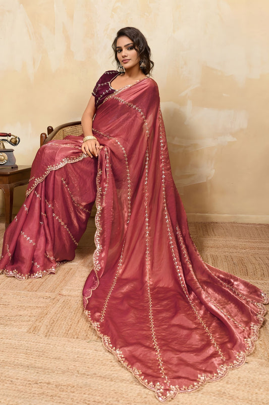 Rose Pink Silk Blend Saree Golden Zari Embroidery Designer Blouse