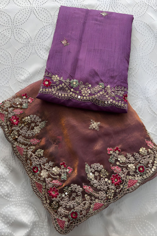 Mauve Rose Gold Tissue Silk Saree Heavy Embroidered Border