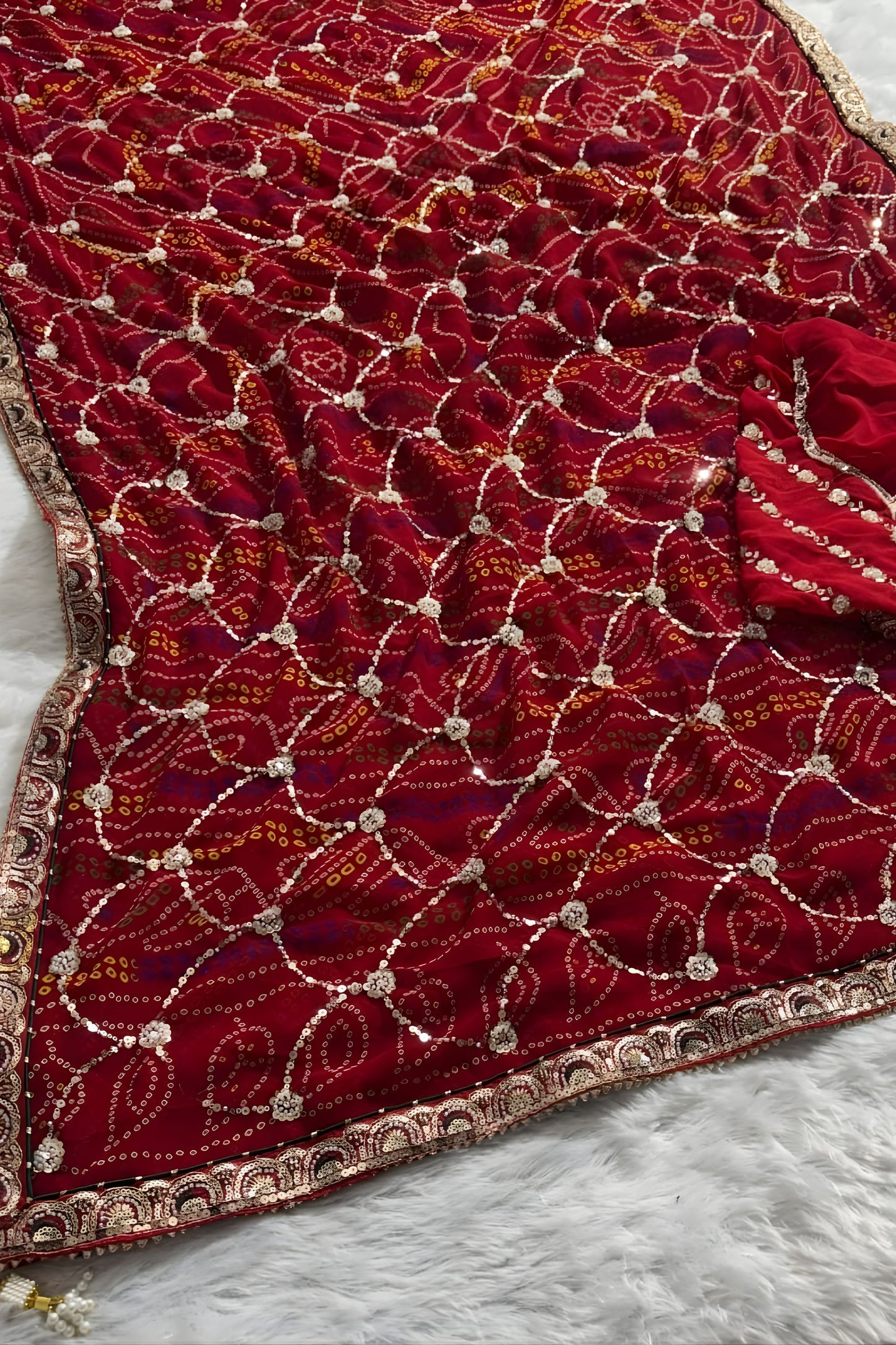 Designer Red Georgette Bandhani Saree Gota Patti Work Embroidered Border