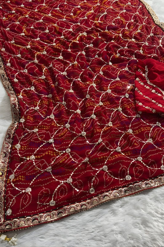 Designer Red Georgette Bandhani Saree Gota Patti Work Embroidered Border