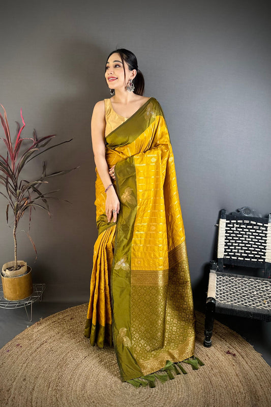 Mustard Yellow and Olive Green Banarasi Silk with Zari Weaving Saree