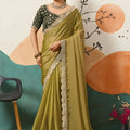 Olive Green Silk Saree Embroidered Lace Border Designer Blouse