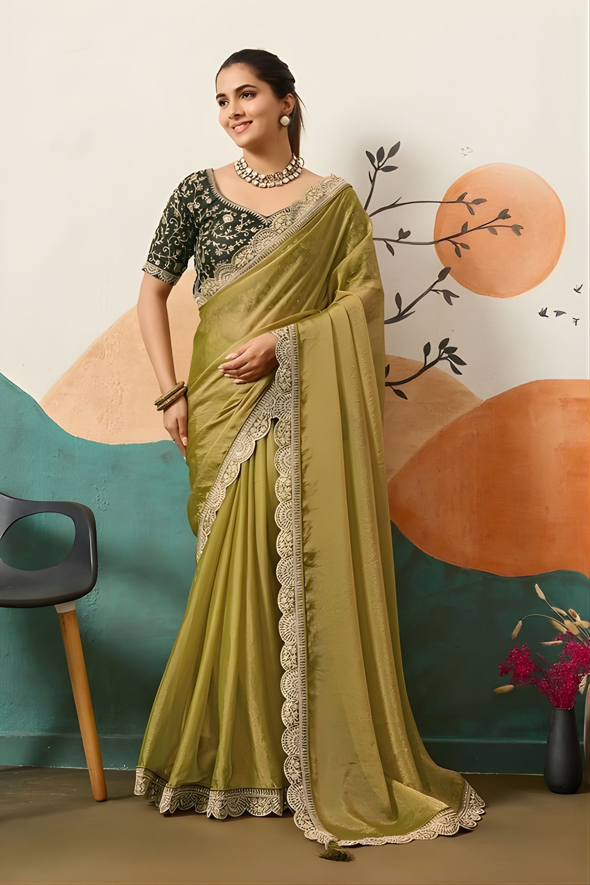 Olive Green Silk Saree Embroidered Lace Border Designer Blouse