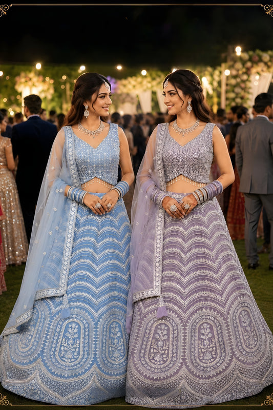 Elegant Lavender Net Embroidered Lehenga Choli with Designer Dupatta for Wedding