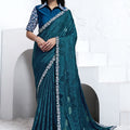 Teal Blue Embroidered Georgette Saree Floral Border Designer Blouse
