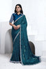 Teal Blue Embroidered Georgette Saree Floral Border Designer Blouse