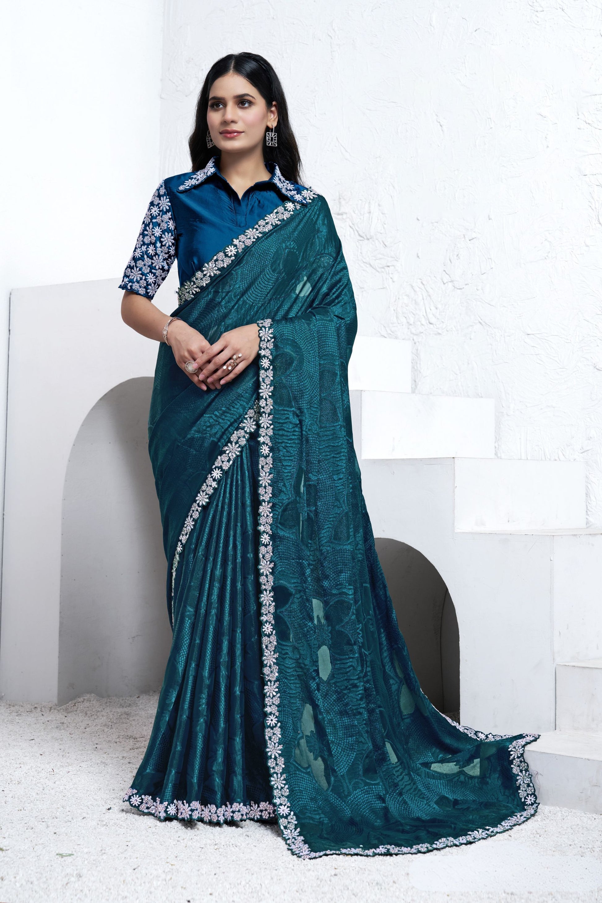 Teal Blue Embroidered Georgette Saree Floral Border Designer Blouse