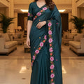 Teal Green Silk Saree Floral Embroidered Border Designer Party Wear