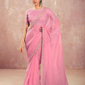 Pink Georgette Saree Golden Embroidered Border Designer Blouse 