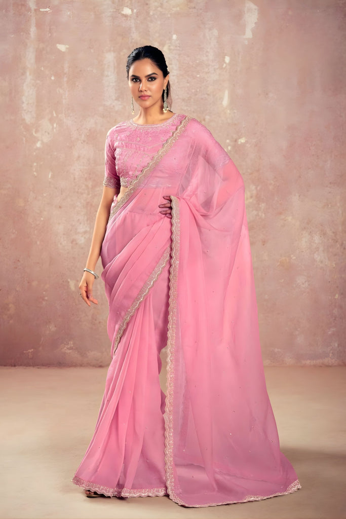 Pink Georgette Saree Golden Embroidered Border Designer Blouse 