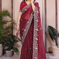 Wine Red Embroidered Saree with Designer Lace Border and Blouse